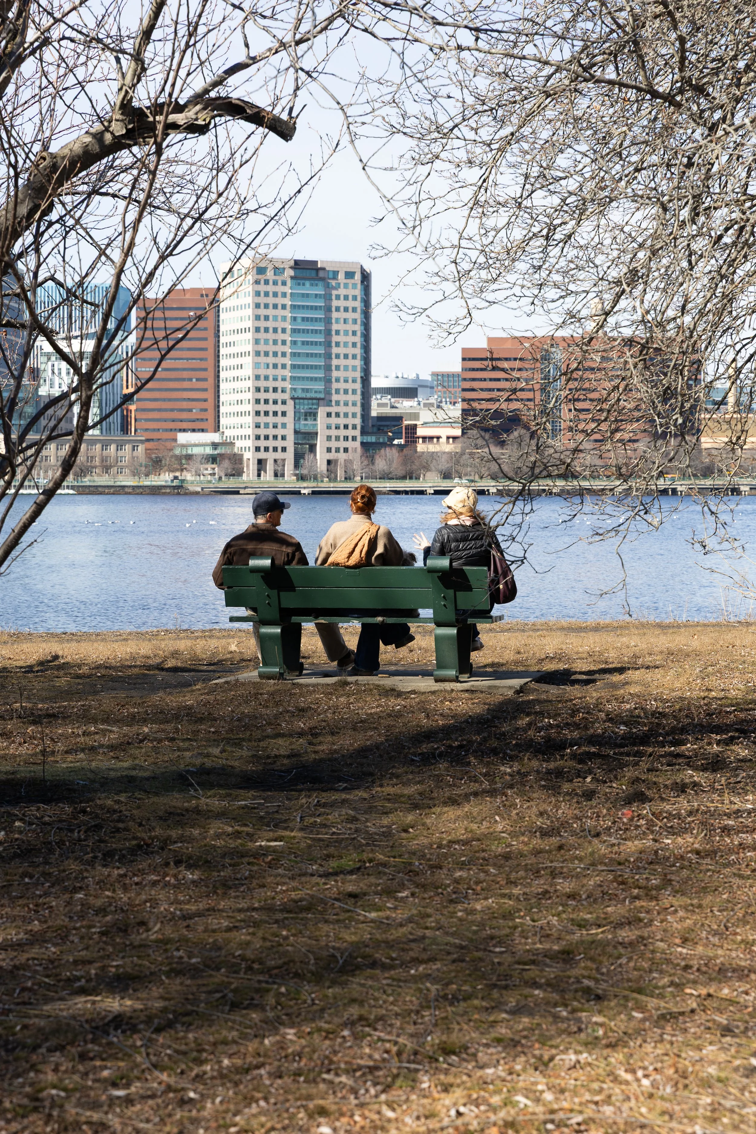 Three people sitting on a park bench by a body of water, with city buildings in the background, trees in the foreground.