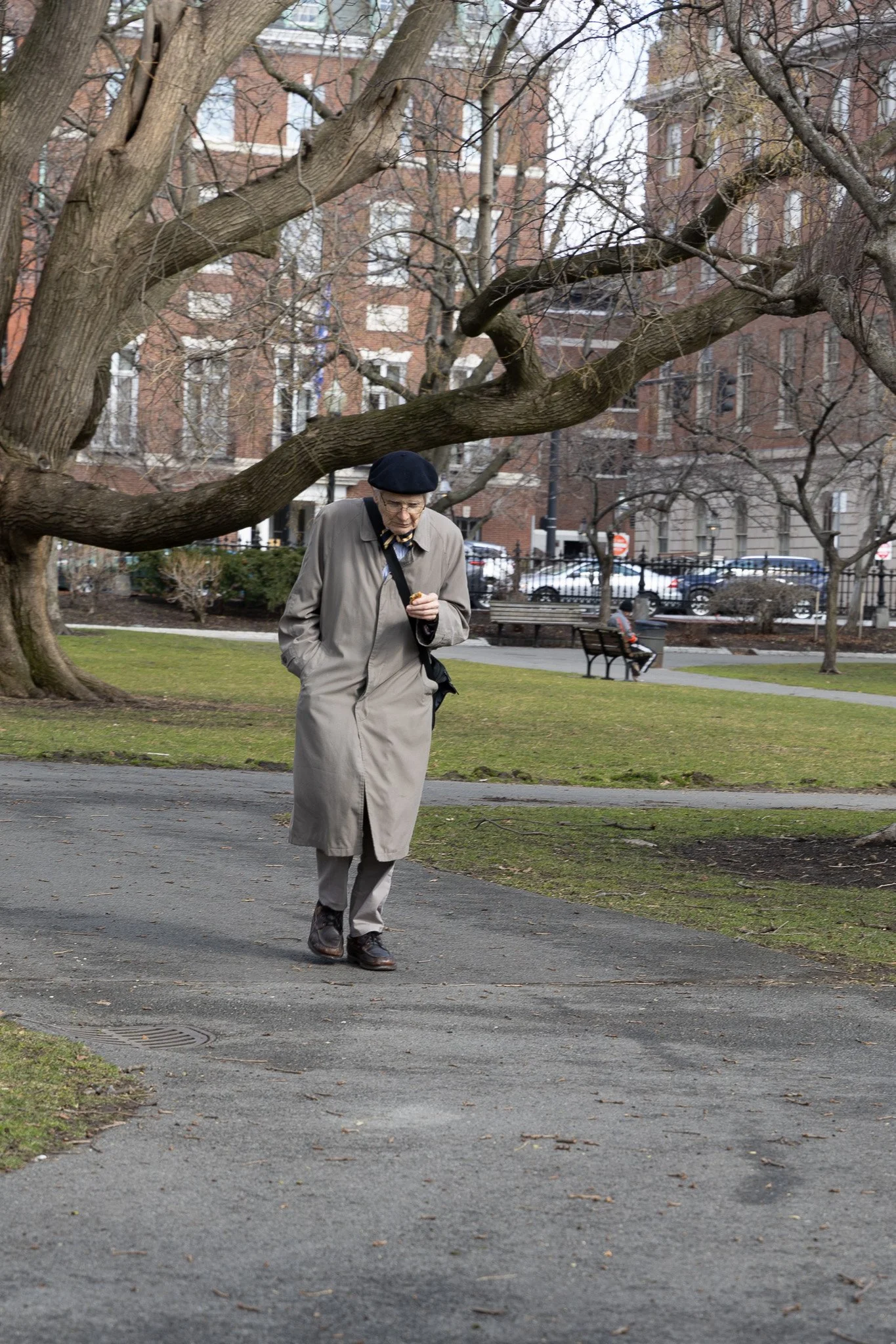 An elderly man in a beige trench coat, black beret, and glasses walking along a park path, holding a pipe. Behind him are leafless trees, brick apartment buildings, and a person sitting on a bench.