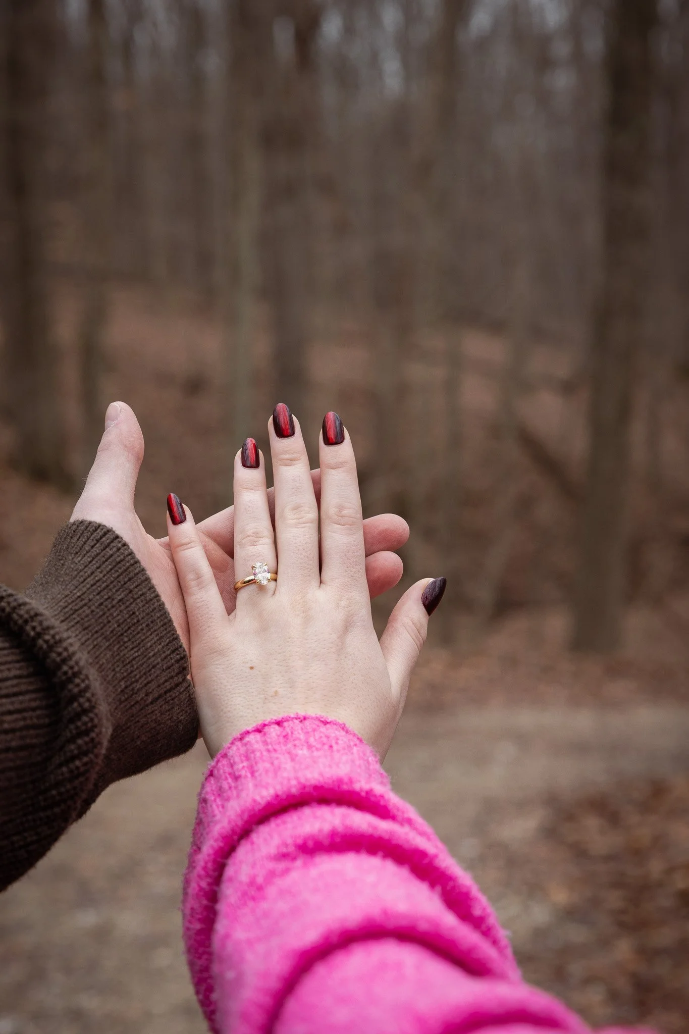 Two hands, one with a ring, reaching towards the sky in a forest with blurred trees in the background, one hand with dark red nail polish, the other with no polish, with a pink sleeve and brown sleeve.