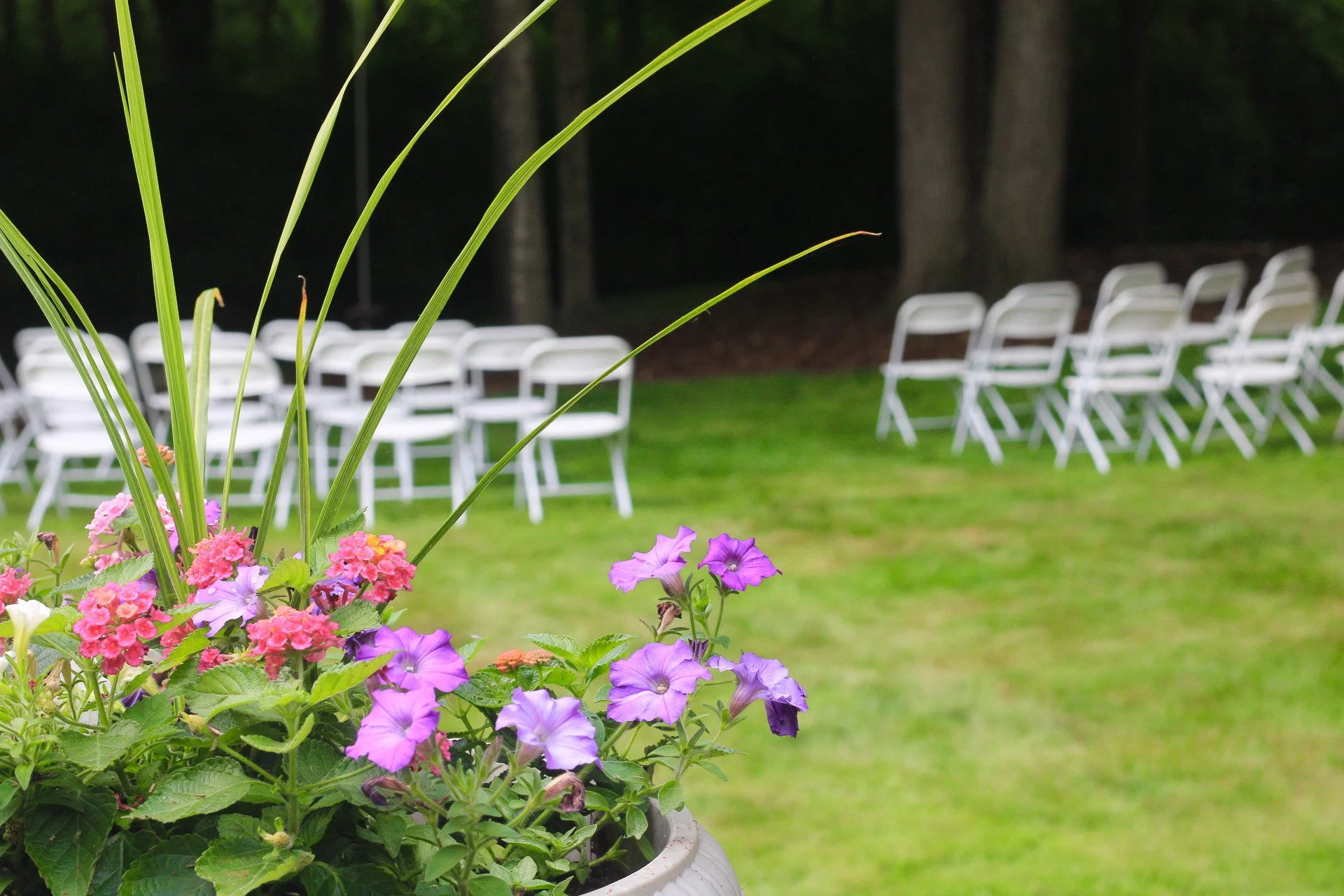 Flower arrangement with pink, purple, and white flowers in a white pot, and empty white folding chairs arranged on a green lawn in the background.