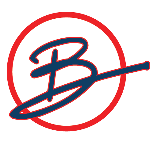 Stylized blue and red baseball bat logo inside a red circle