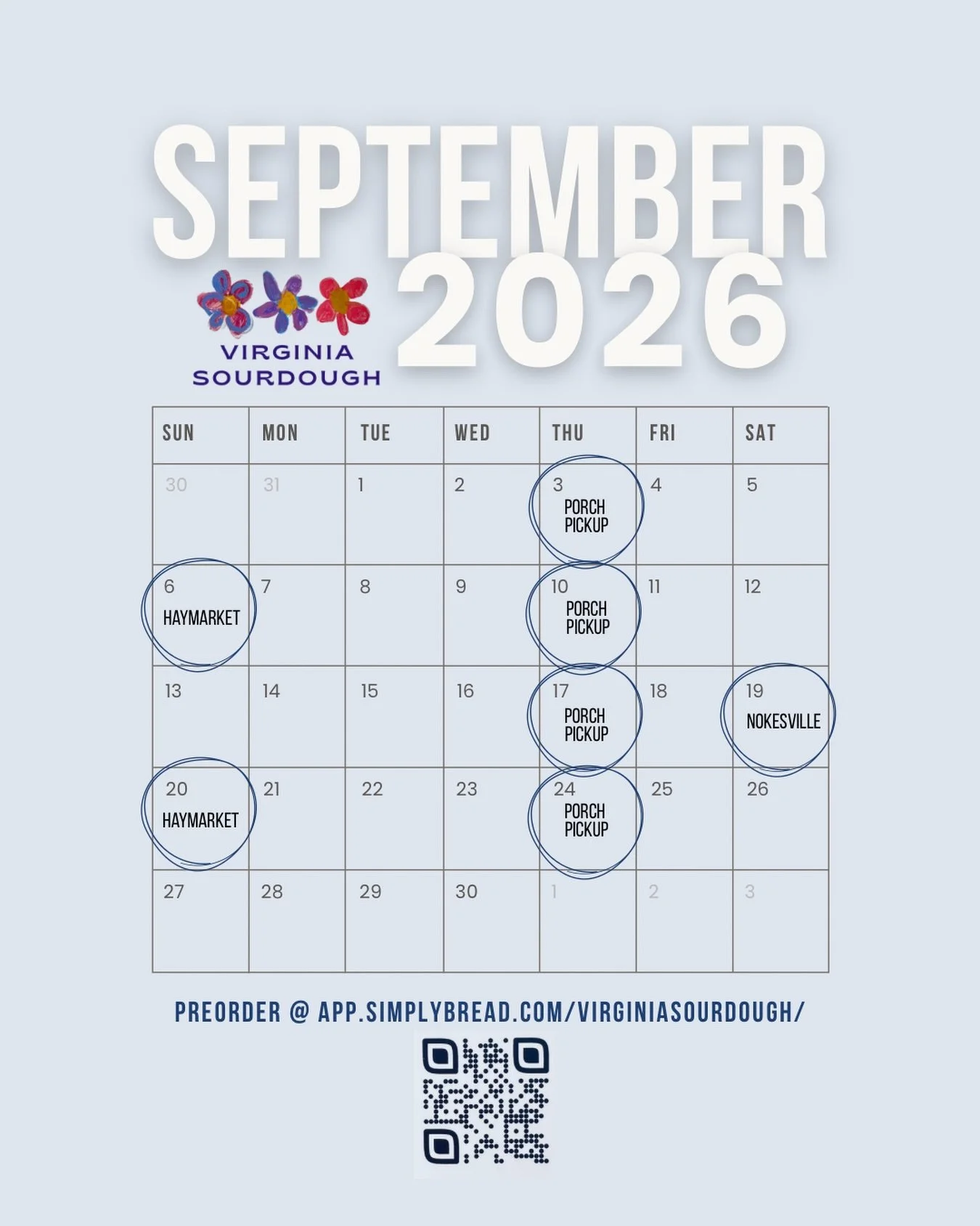 Order your favorites for pickup any of the September dates below through my preordering page: https://app.simplybread.com/virginiasourdough/ 

9/3: Nokesville Porch Pickup
9/6: Haymarket Farmers Market 9am-1pm
9/10: Nokesville Porch Pickup
9/17: Noke