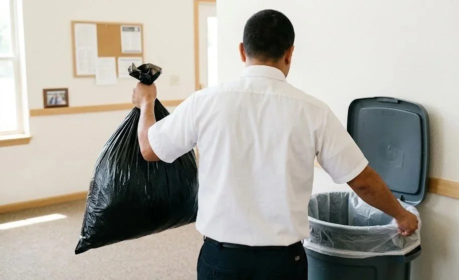janitorial trash collection and disposal in an indoor facility