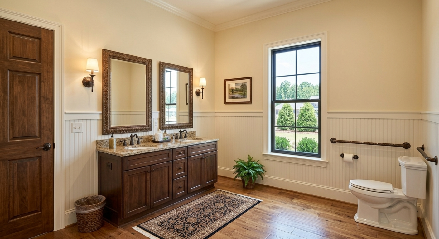 Commercial restroom cleaning and sanitization with clean double vanity, fixtures, and flooring