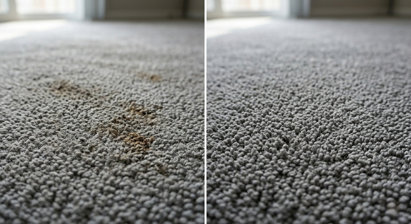 Commercial carpet vacuuming and cleaning showing dirty and clean carpet surfaces