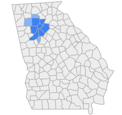 Map of Georgia highlighting several counties in the north metro atlanta area in blue