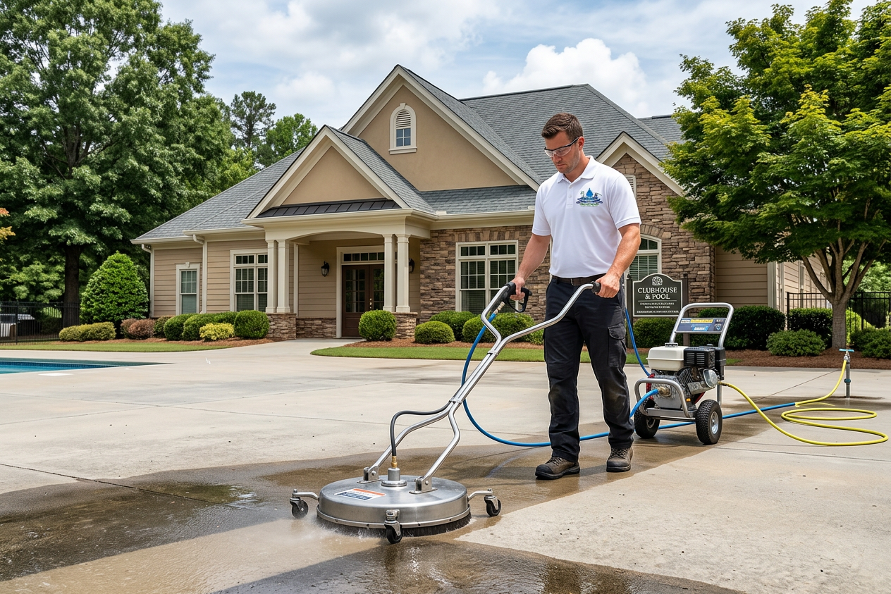 A man in white shirt and black pants uses a surface cleaner to wash the concrete driveway outside a beige house with a lawn and trees.