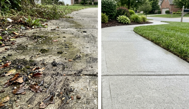 Pressure washing sidewalk and walkway surfaces