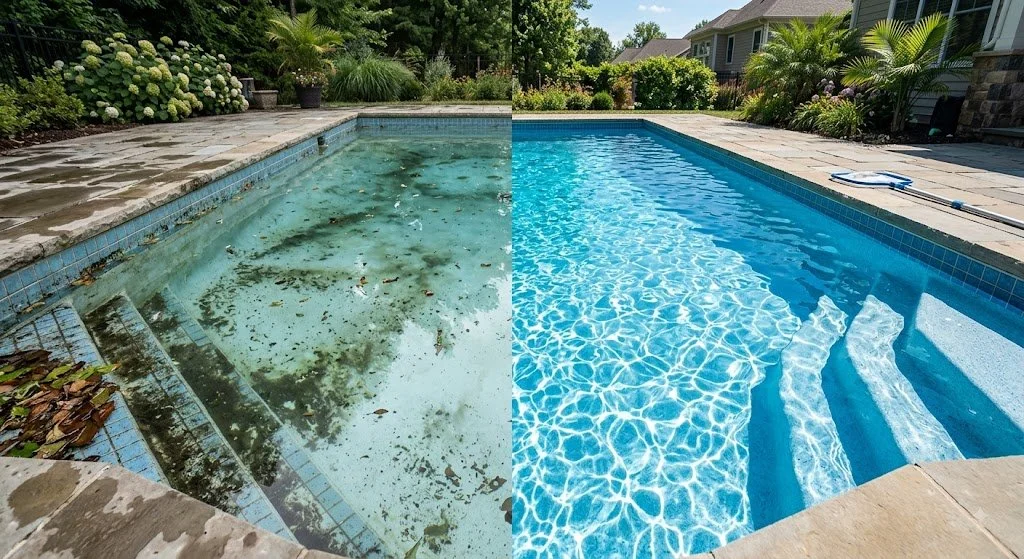 Before and after pool surface cleaning removing algae, dirt, and buildup