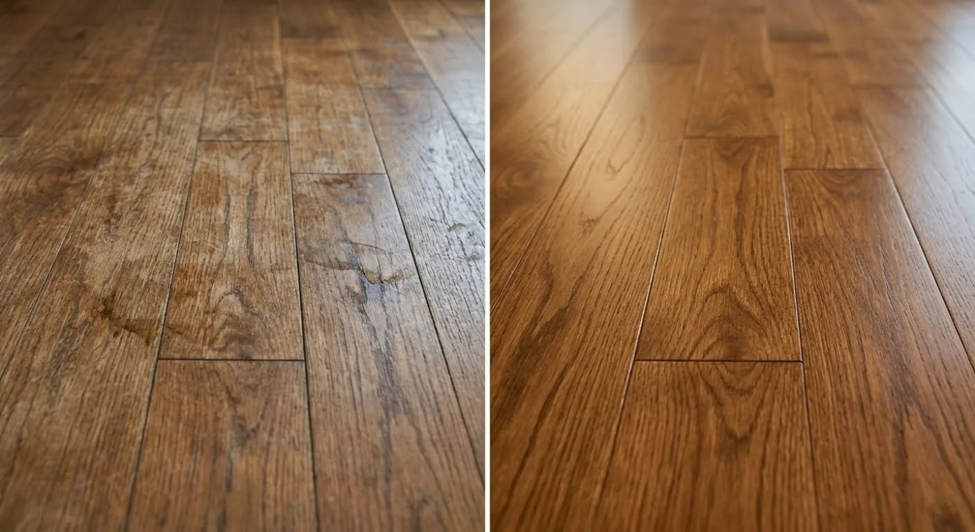 Commercial floor care showing comparison of worn and professionally polished wood flooring