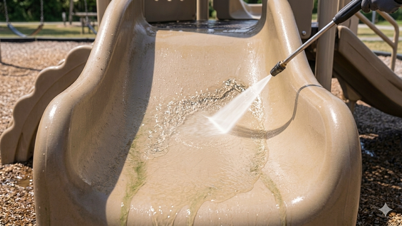 Pressure washing playground and outdoor recreation areas