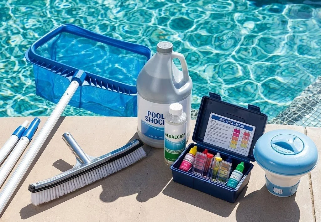 Pool water testing kit and maintenance supplies beside swimming pool