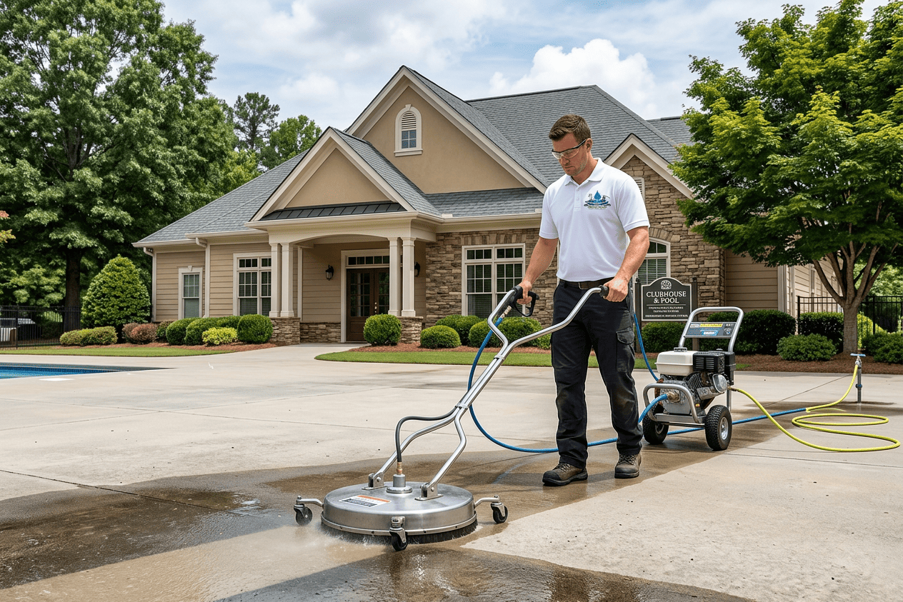 Pressure washing concrete driveway at a community property