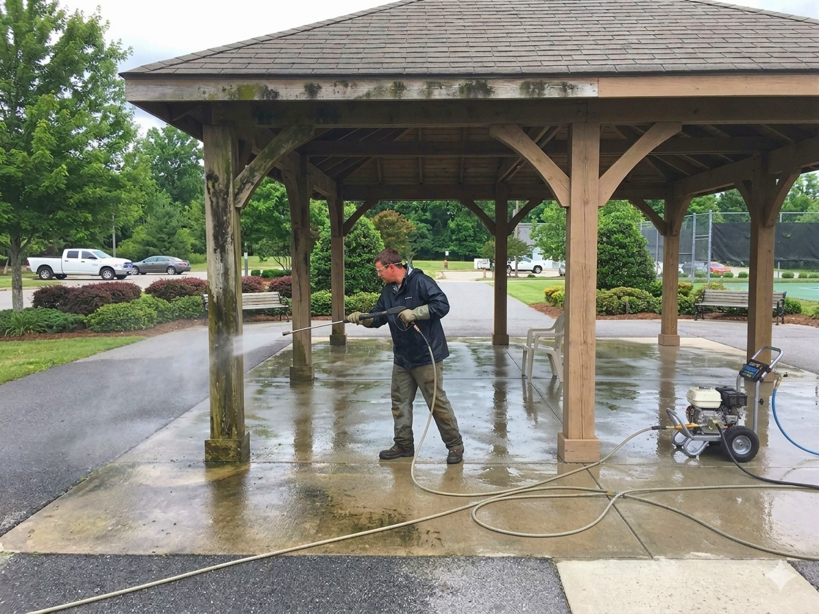 Pressure washing outdoor pavilion at a community property