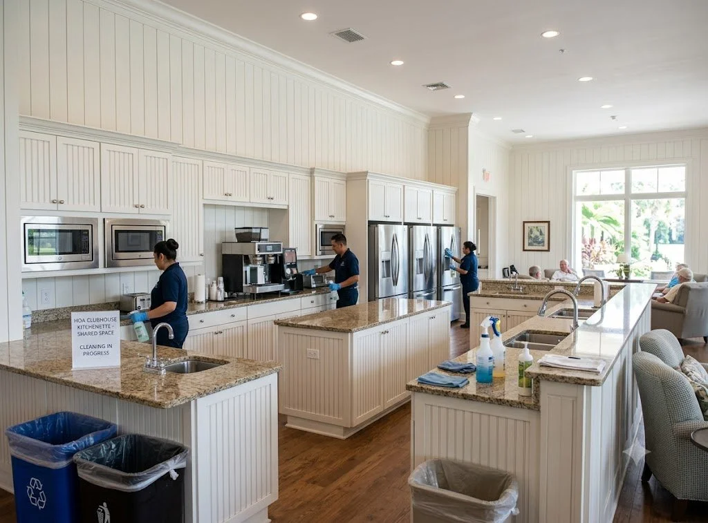 breakroom and kitchen cleaning with staff cleaning counters and common areas