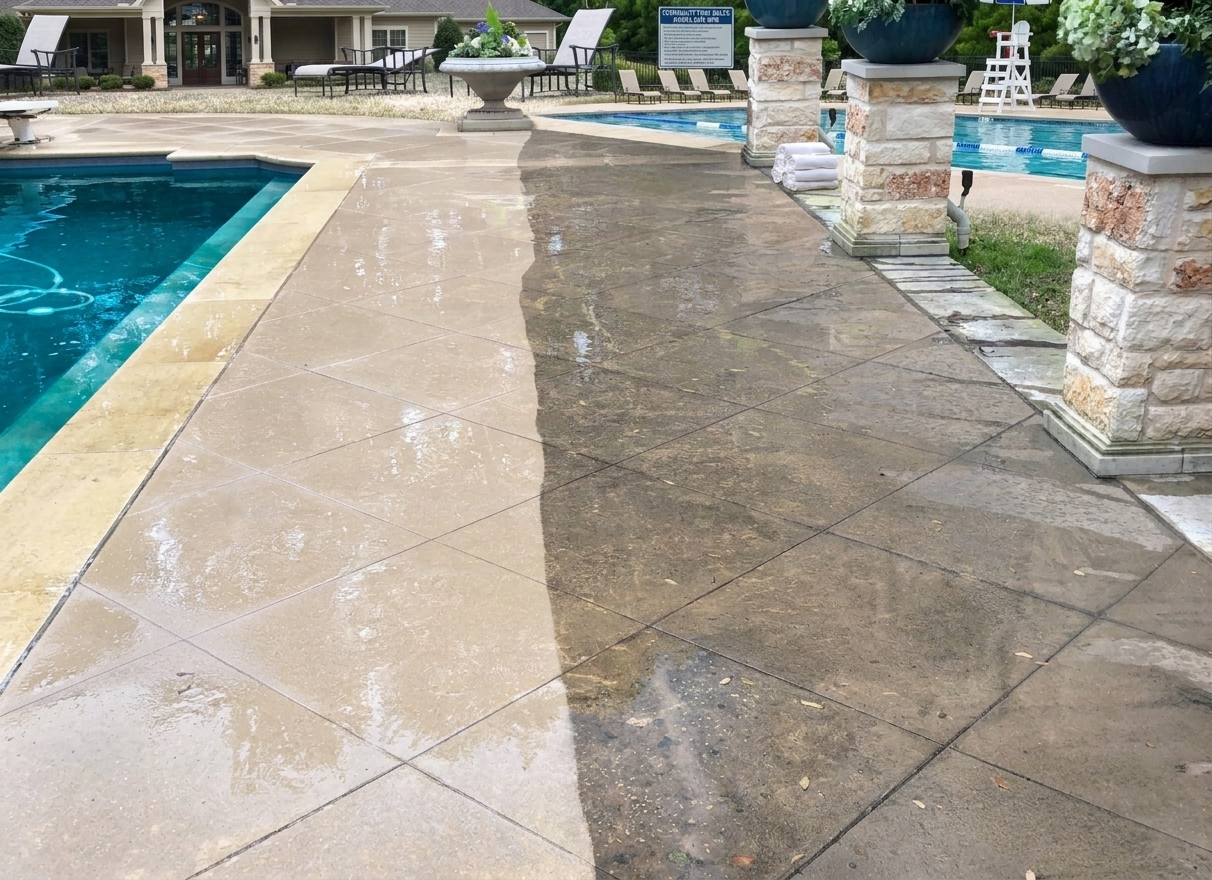 Pressure washing pool deck and surrounding patio surfaces