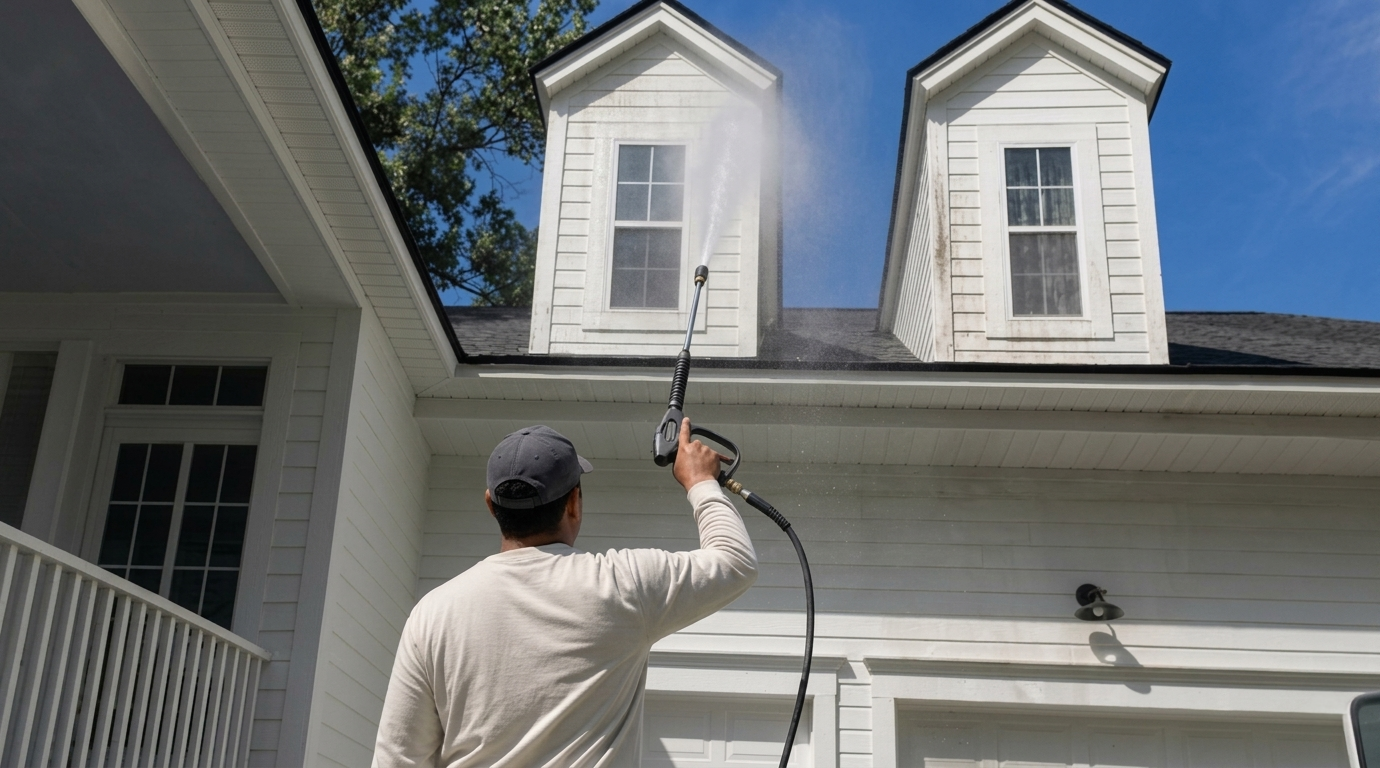 A man pressure washing the roof of a house with a nozzle, cleaning the roof and windows on the attic dormers.