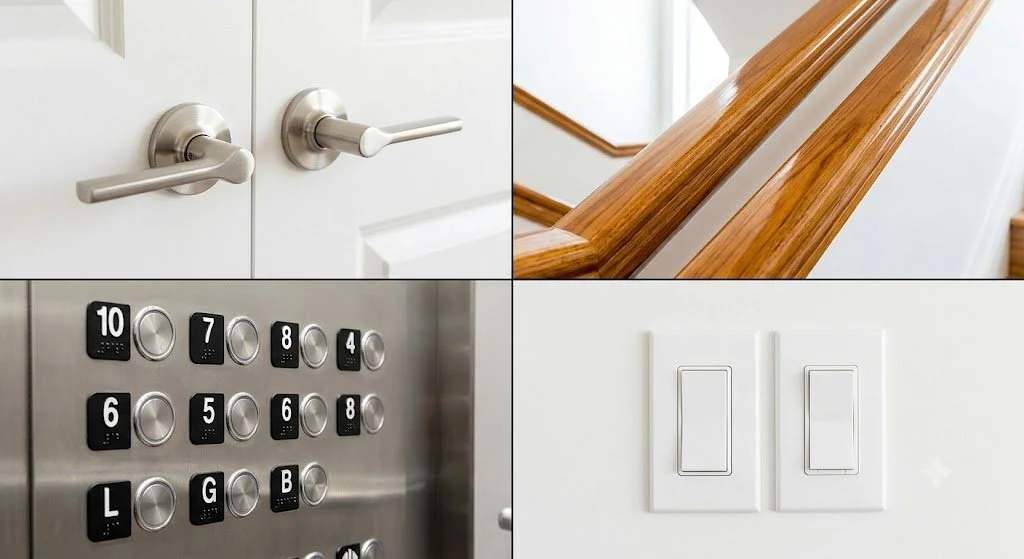 Close-up of apartment interior features including door handles, a wooden handrail on a staircase, elevator buttons, and light switches.