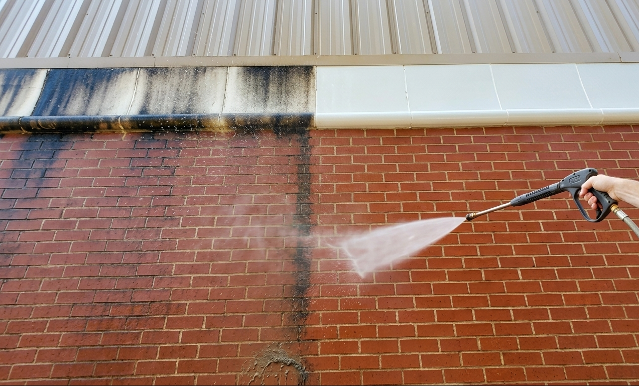 Pressure washing brick building exterior to remove years of buildup, dirt, and grime