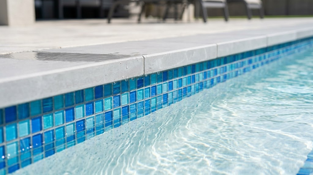 Swimming pool waterline and blue tile being maintained