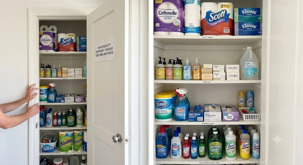 Open cleaning supply cabinets filled with paper towels, cleaning products, disinfectants, hand sanitizer, soaps, and personal hygiene items.