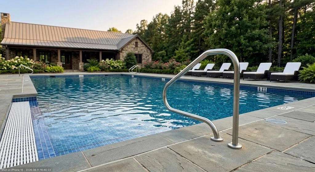 Swimming pool surface with surrounding trees and outdoor amenities