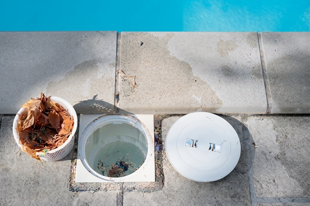 Pool skimmer and drain components beside swimming pool