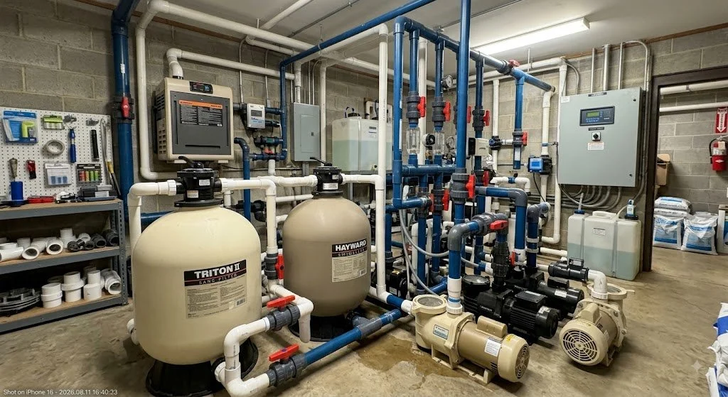Pool filtration and equipment system in a utility room