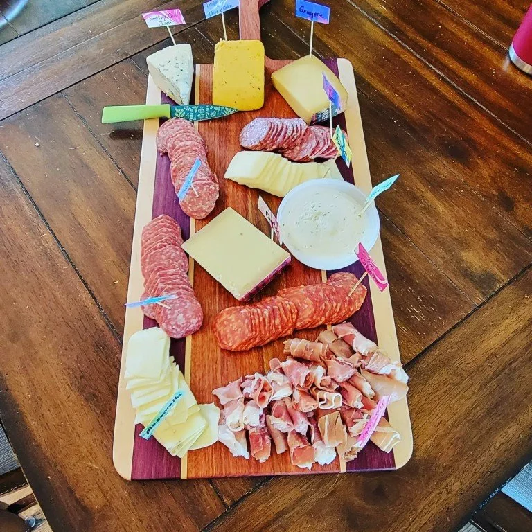 Large Charcuterie Board with Handle- Padauk, Maple, and Purple Heart