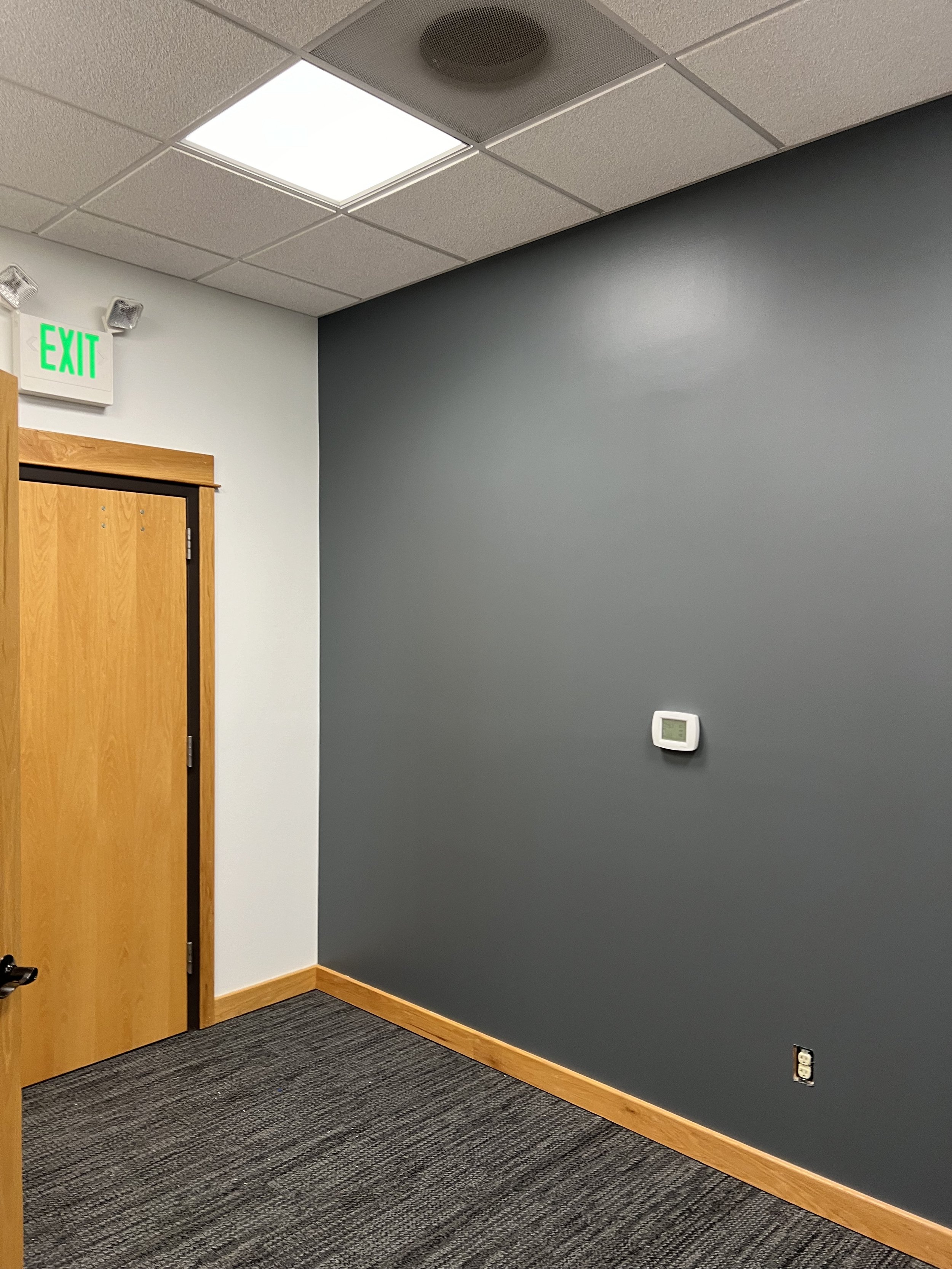 Interior office corner with a wooden door, gray accent wall, carpeted floor, ceiling light, exit sign, and thermostat.