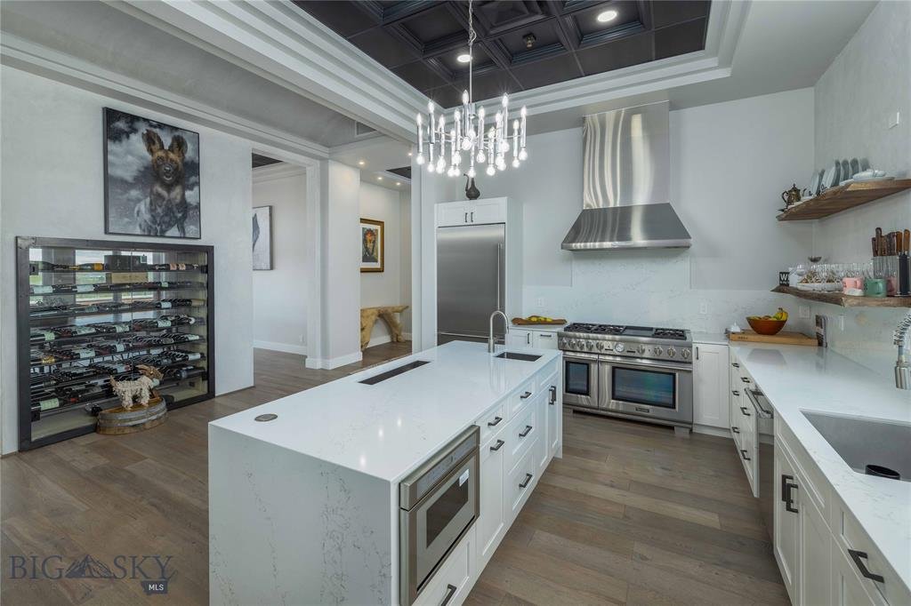Modern kitchen with white cabinetry, stainless steel appliances, and a central island with a sink. A chandelier hangs from a coffered ceiling. A wine rack and a painting of a dog are visible in the background.
