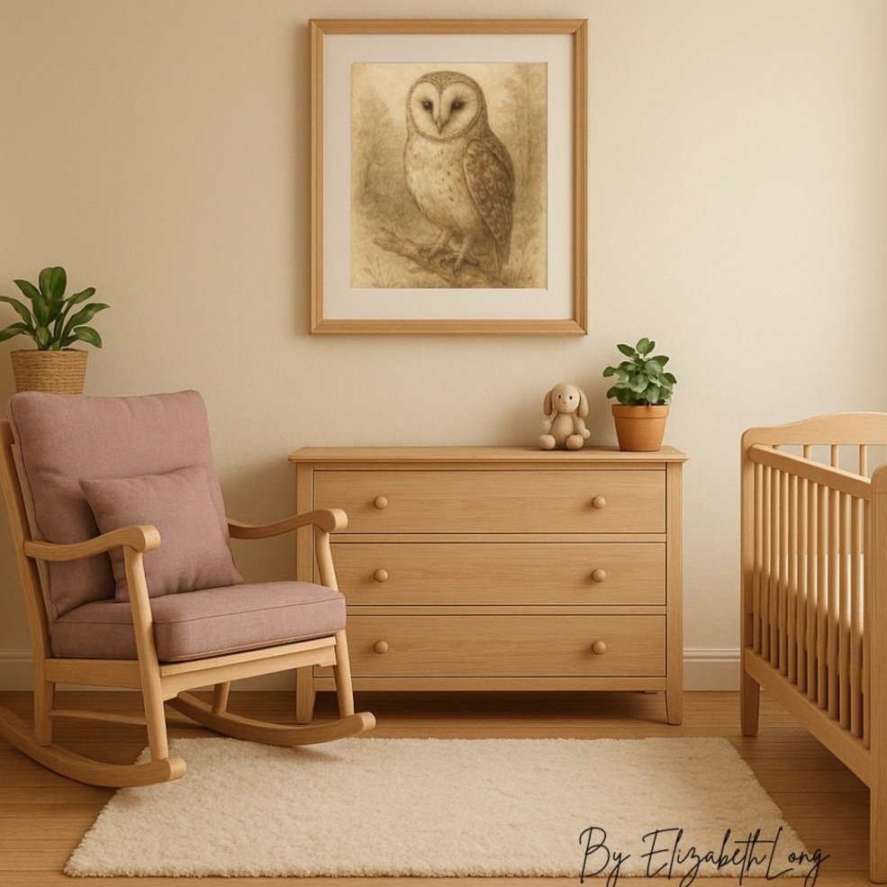 Neutral Woodland Owl Nursery Art Print, Cottagecore Kids Wall Decor