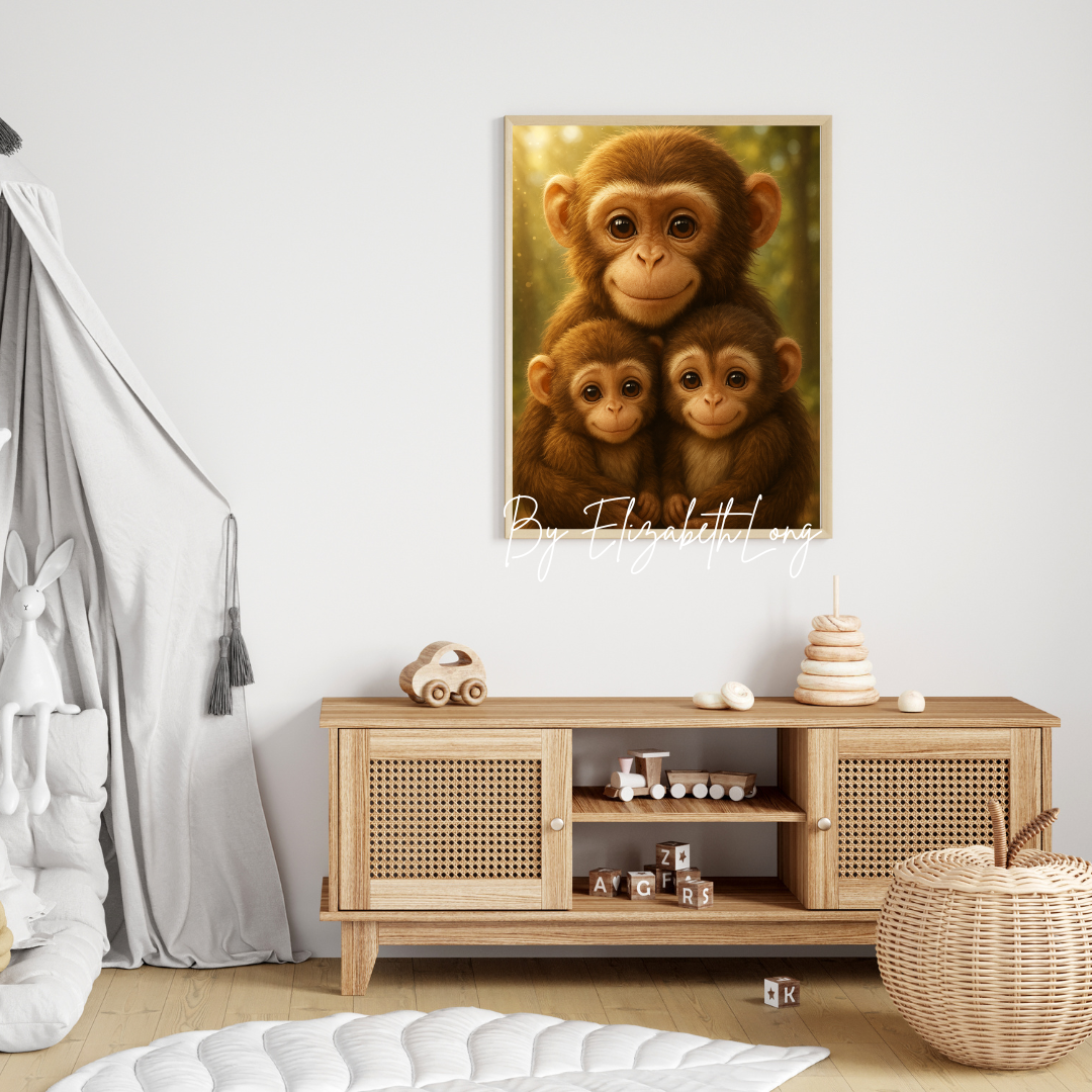 3D Monkey Family Printable Wall Art | 8x10 Kids Room Digital Download | Nursery Jungle Animal Decor