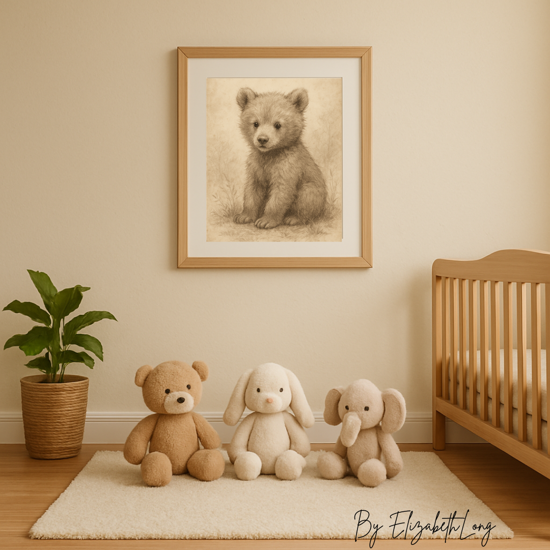 Bear cub art, Nursery wall art, Baby bear wall decor, Woodland nursery art,
