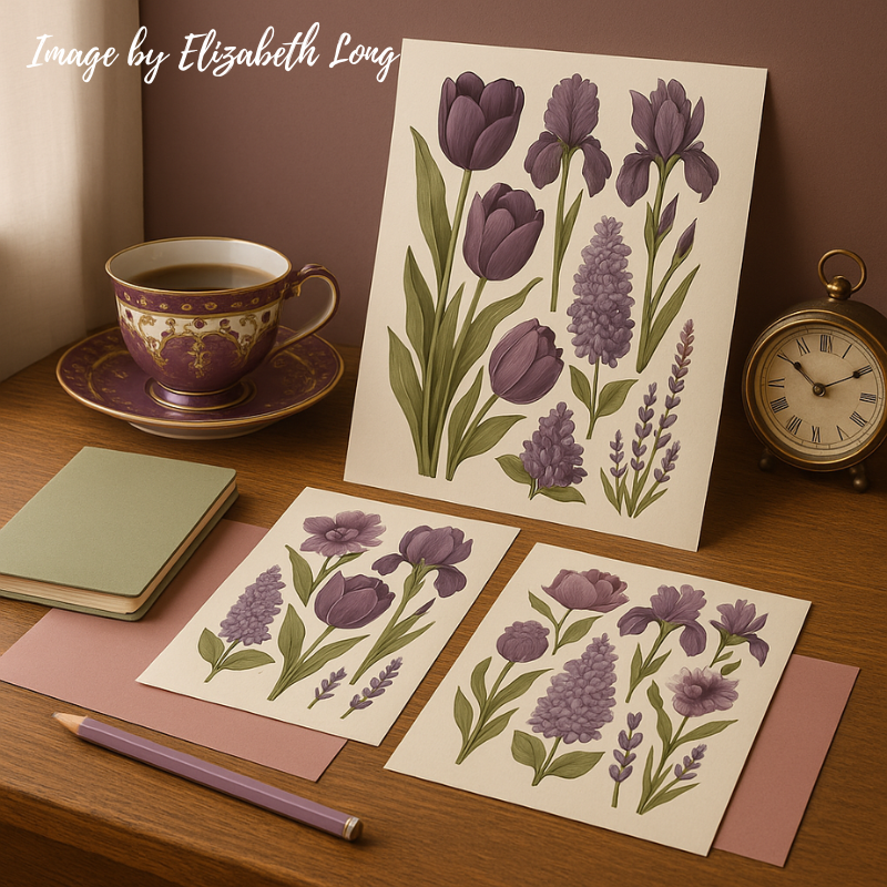 Purple Flowers Fussy Cut, Digital Collage Paper