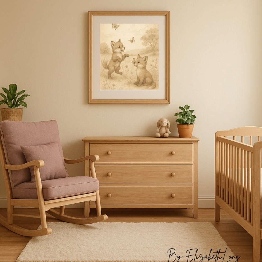 Neutral Woodland Fox Nursery Art Print,| Cottagecore Kids Wall Decor