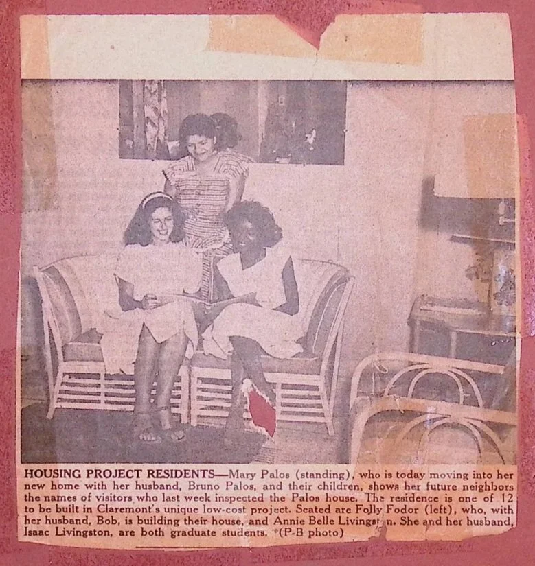 A newspaper clipping from the ICC Guestbook depicting Mary Palos (standing) with other residents of Intercultural Council housing.