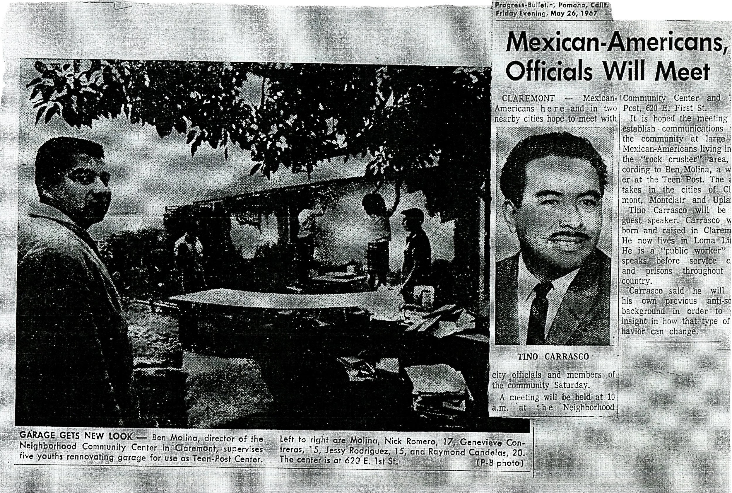 A newspaper article from the Pomona Progress Bulletin on May 26, 1967, showing Ben Molina supervising children at the Teen Post Center. The article also announces a meeting between members of the Mexican-American community and city officials. (From t
