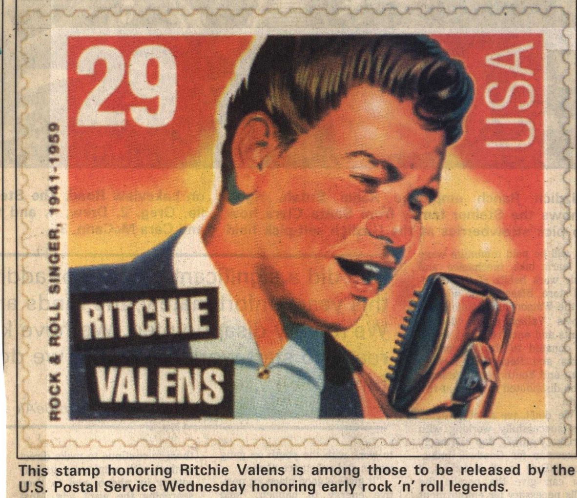 A stamp honoring rock singer Ritchie Valens. Citation: Wallace, Lane. “Valens stamp due Wednesday.” Watsonville Register-Pajaronian. 1993-06-14. SCPL Local History. https://history.santacruzpl.org/omeka/items/show/121814. Accessed 2 Sep. 2026.
