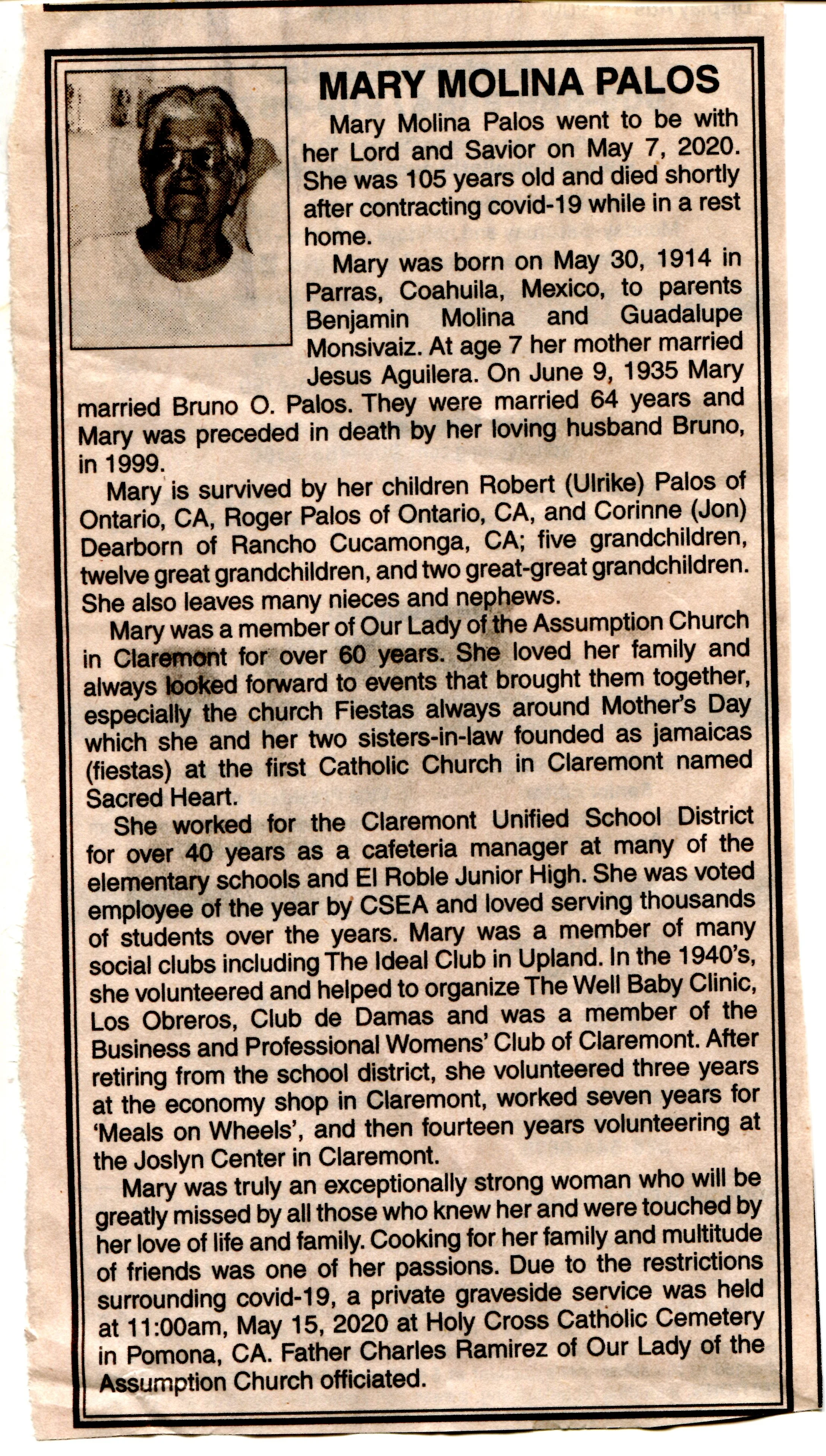 Newspaper clipping remembering Corinne's mother, Mary Molina Palos. (From the Corinne Dearborn Archival Collection)