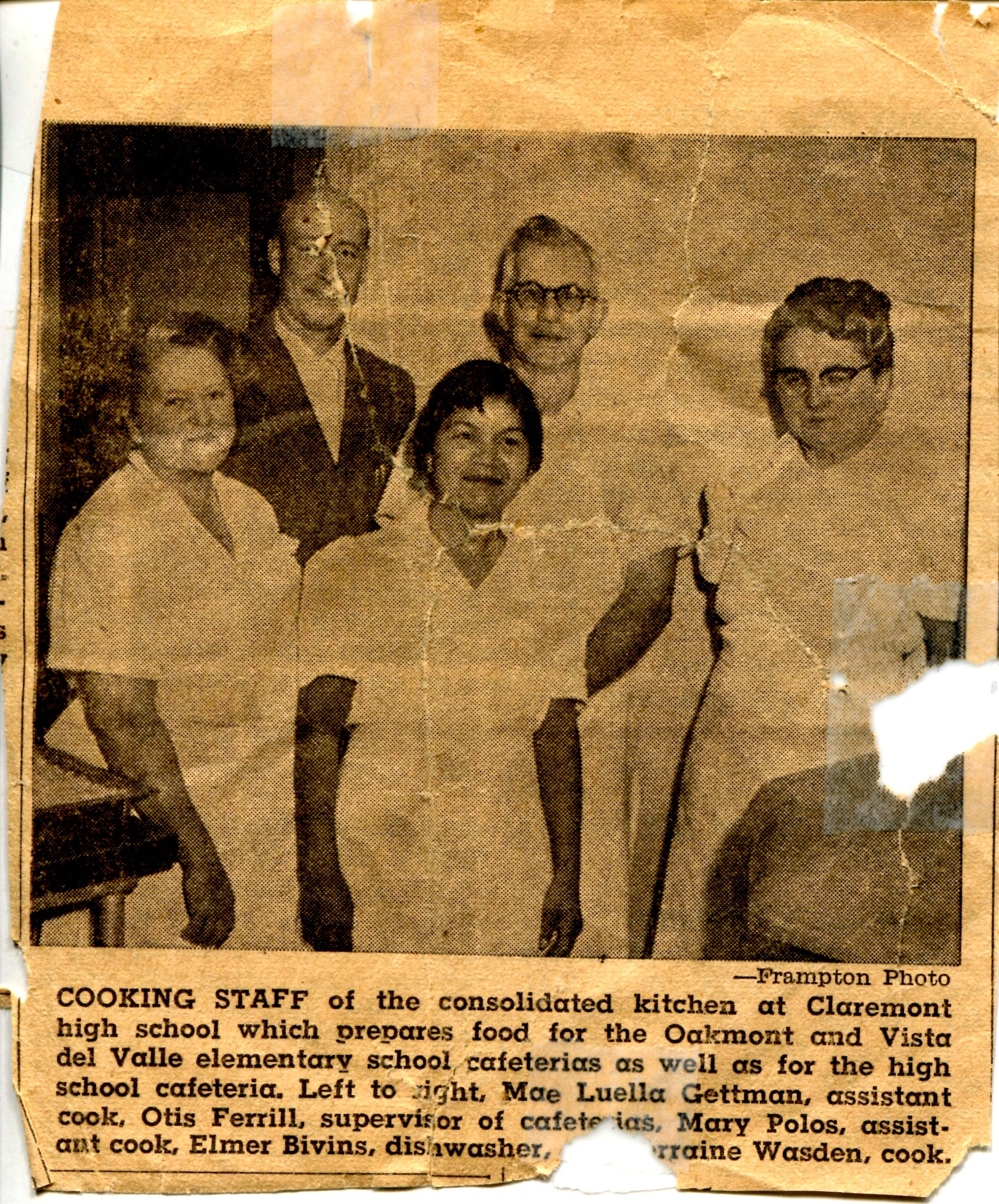 Corinne's mother, Mary Palos, pictured with other workers at the main kitchen of Claremont High School, which dispensed food to other schools in the Claremont Unified School District. (From the Corinne Dearborn Archival Collection)