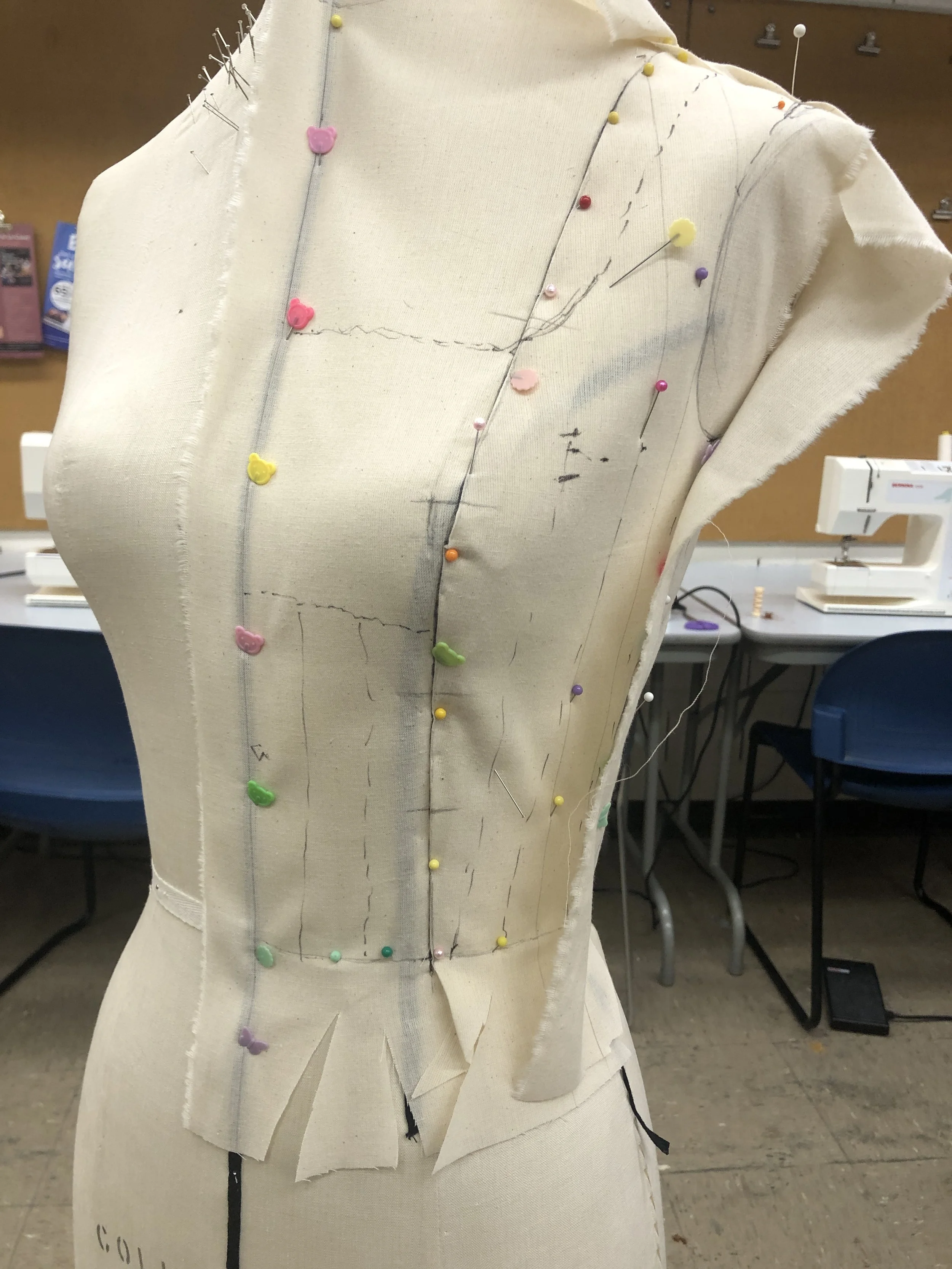 Draping the boned bodice base (front)