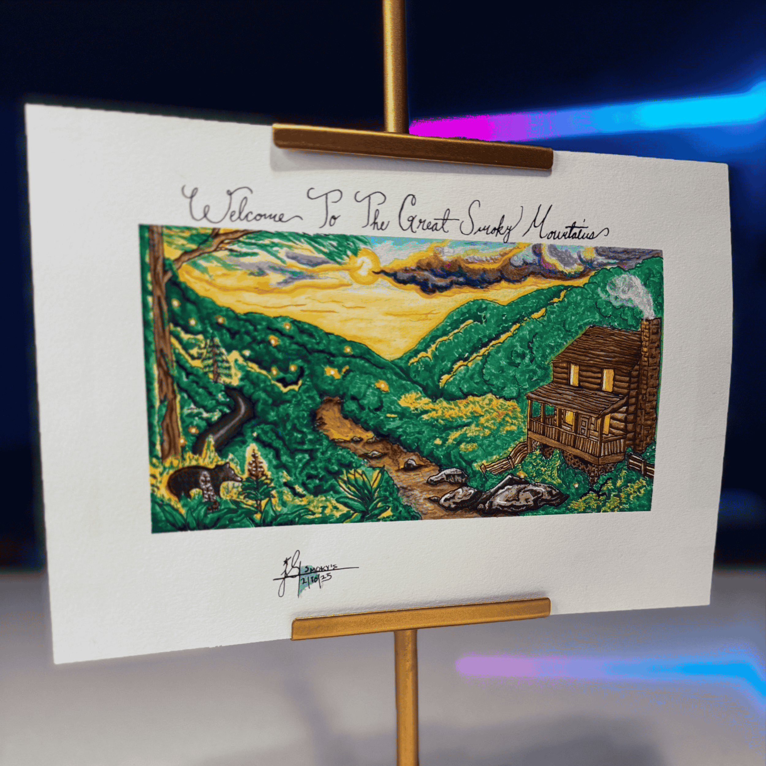 pen and ink drawing of a mountainous landscape, a bear, fireflies, a cabin with smoke coming from the chimney and a river flowing through.