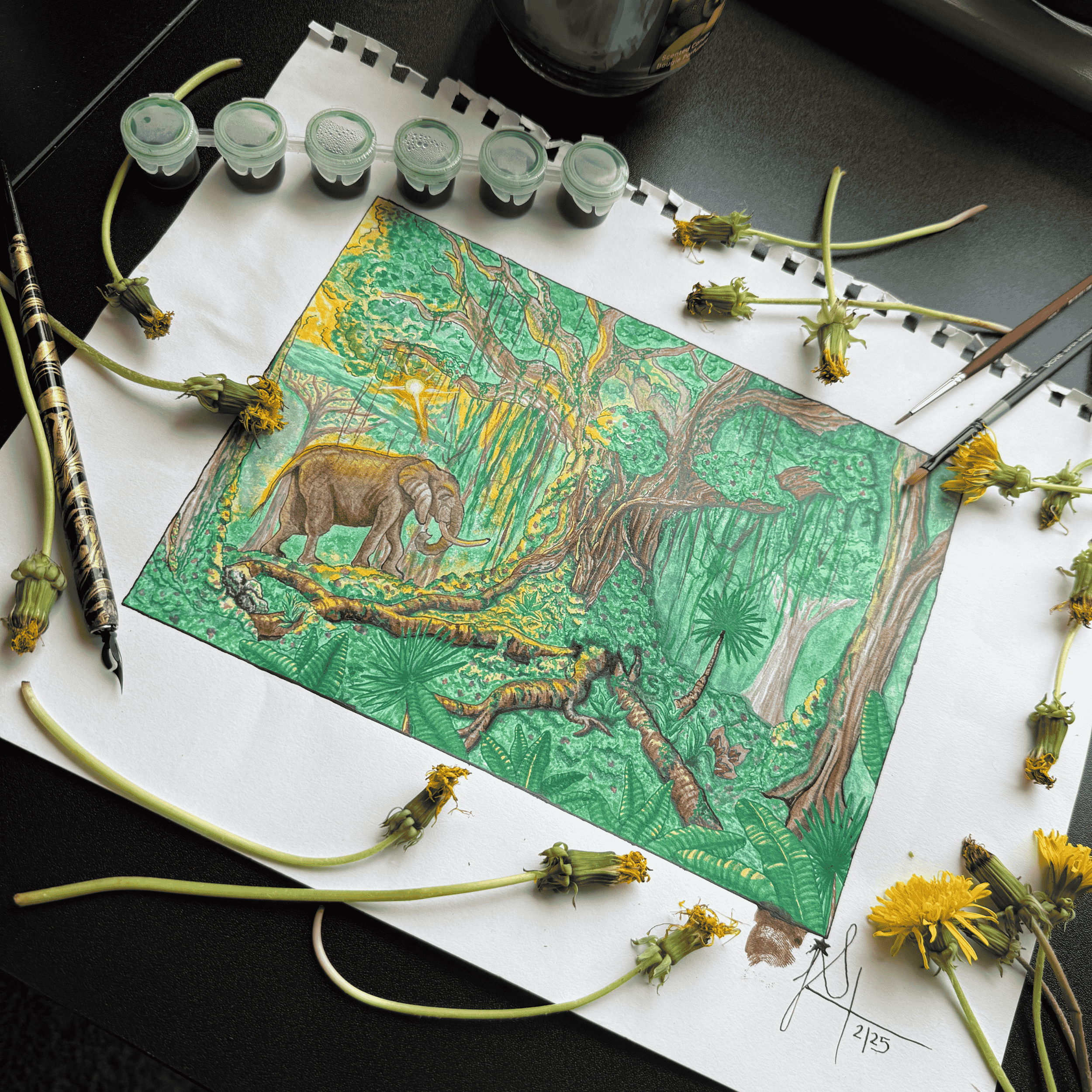 a photo of a luscious green jungle with an African elephant bathing in sunlight