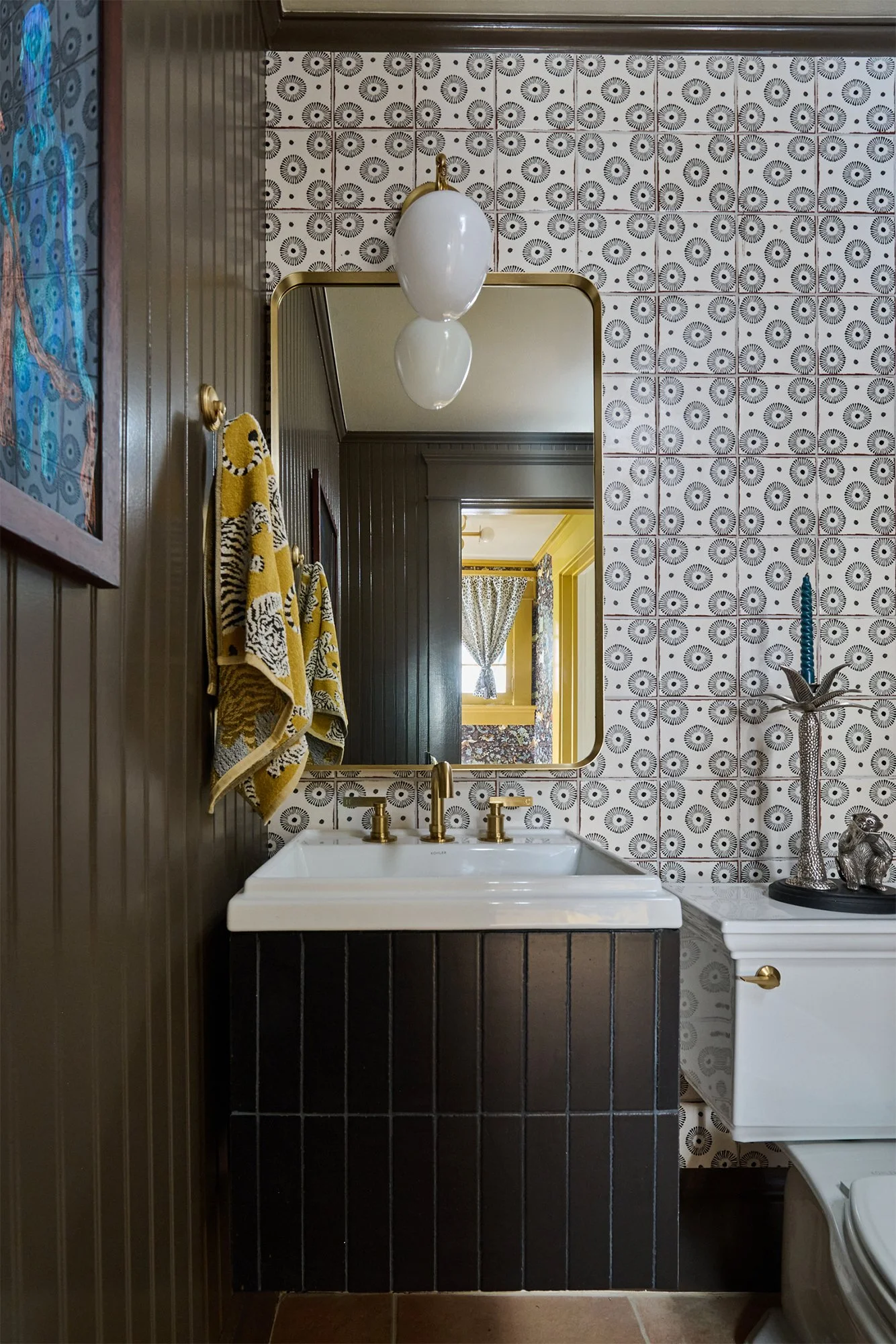 Powder Room, Pattern Tile back wall, Black tile vanity, brown bead board