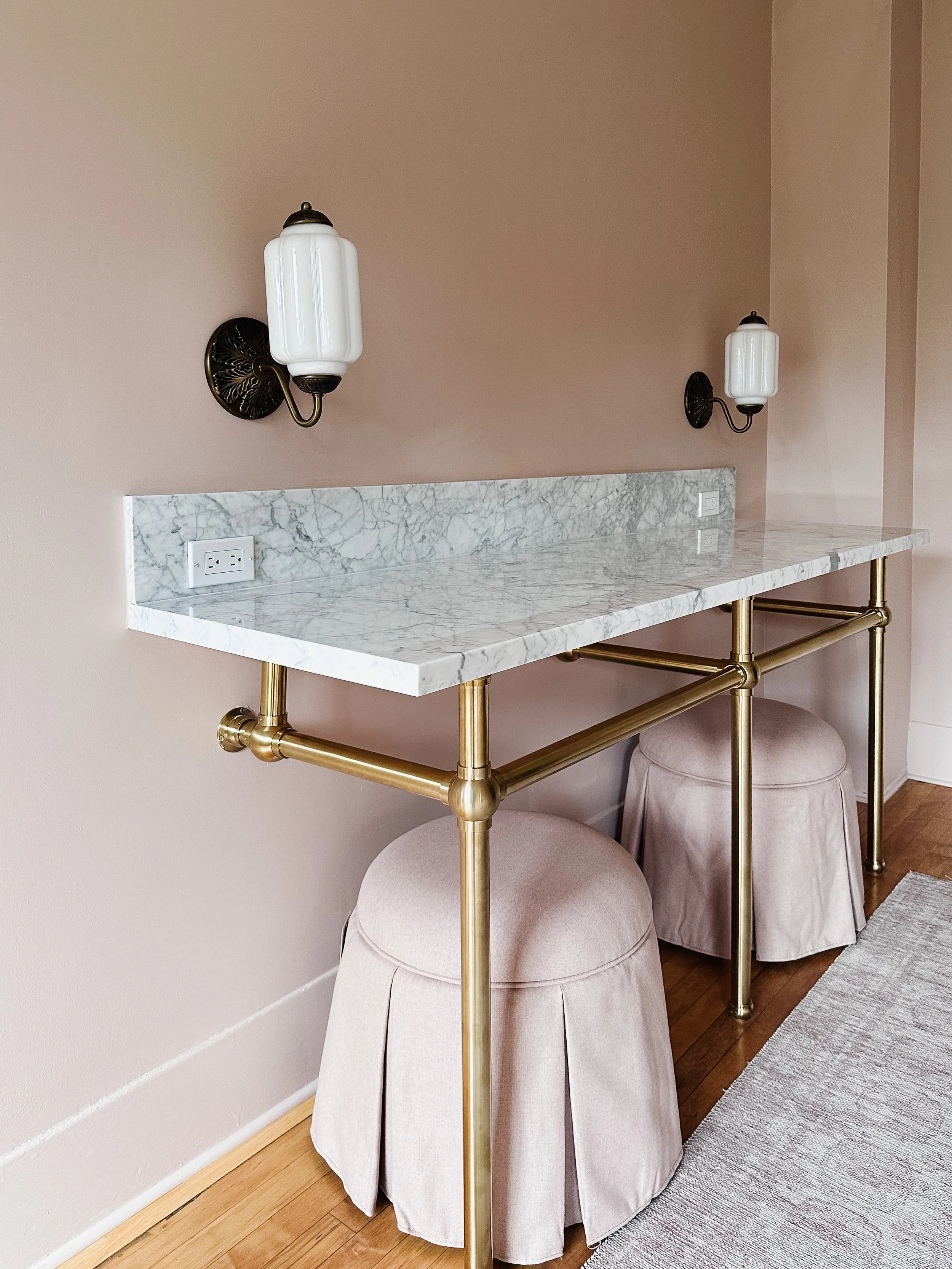 Pink women's bathroom, South Pasadena, Brass, marble countertop