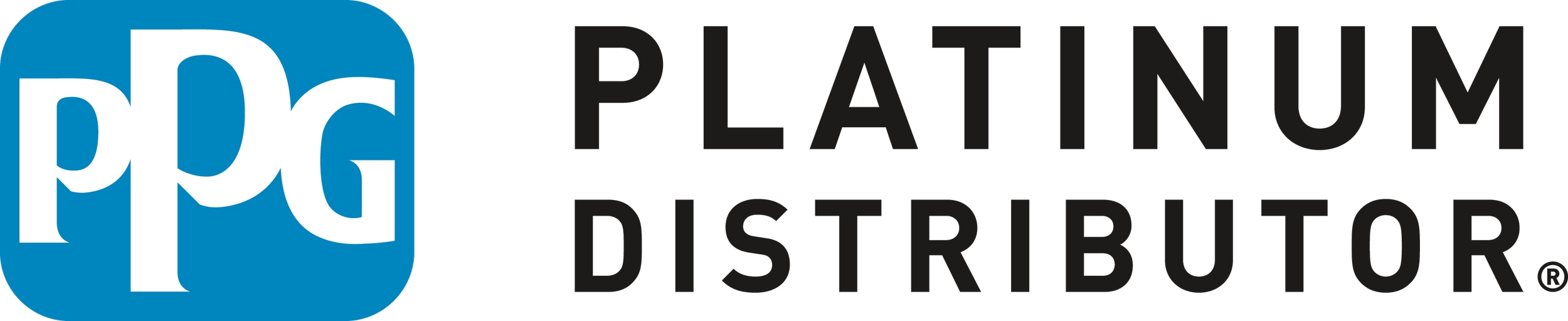 Logo of PPG Platinum Distributor with a blue square containing white lowercase 'ppg' letters, and the words 'PLATINUM DISTRIBUTOR' in black capital letters.