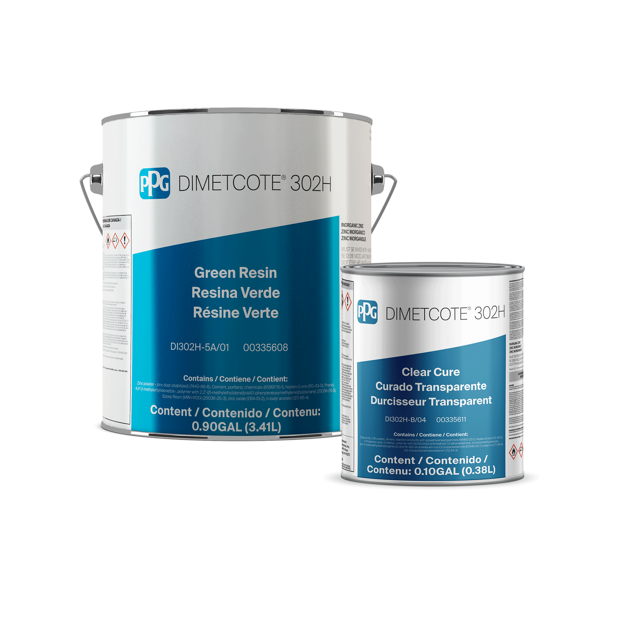 Two cans of PPG Dimetote 302H paint, one large and one small, with white and blue labels indicating they are green resin and clear cure, respectively.