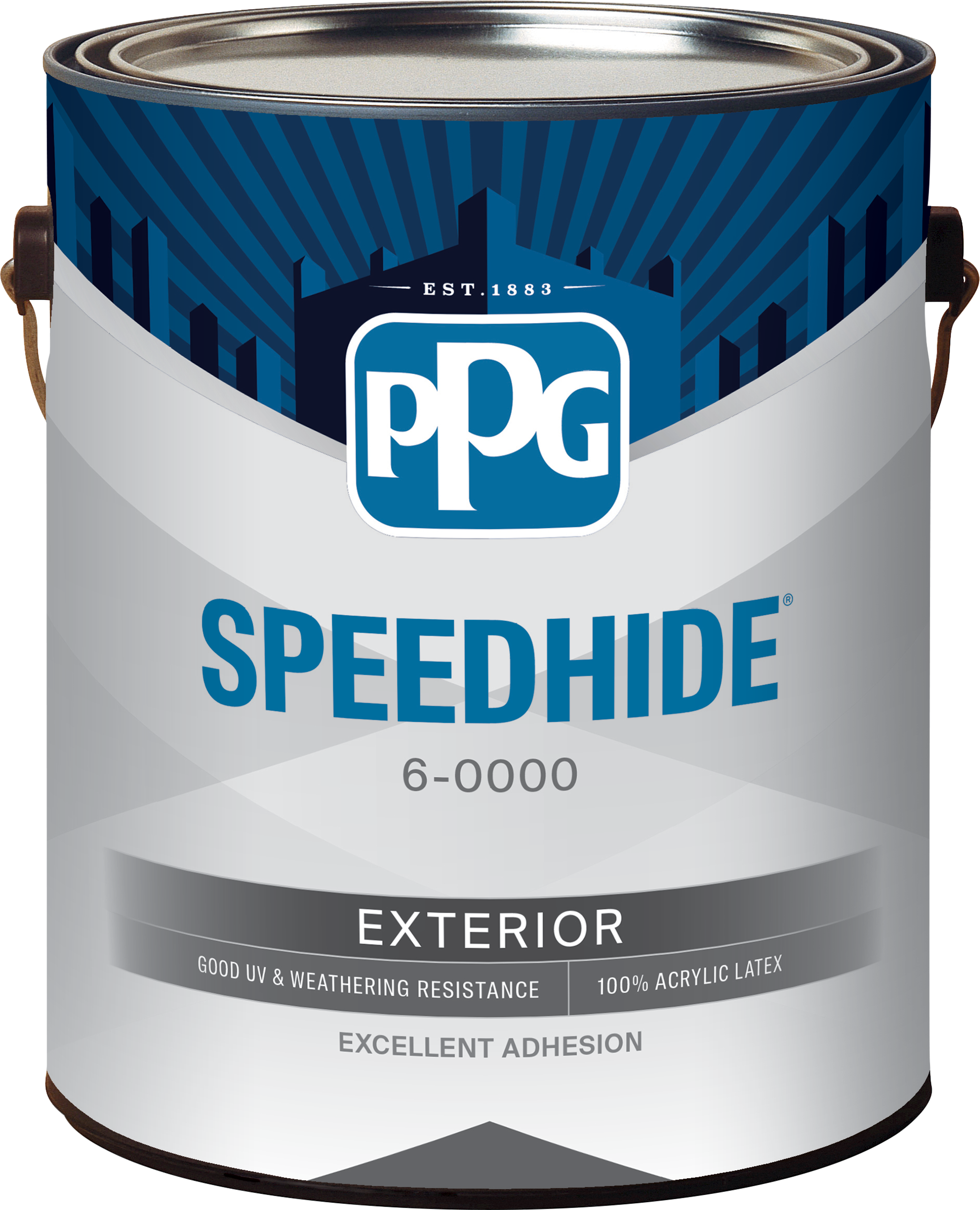 A paint can with a blue, white, and gray label that reads "PPG SPEEDHIDE," indicating it is exterior paint, with additional text highlighting features like good UV and weathering resistance, 100% acrylic latex, and excellent adhesion.