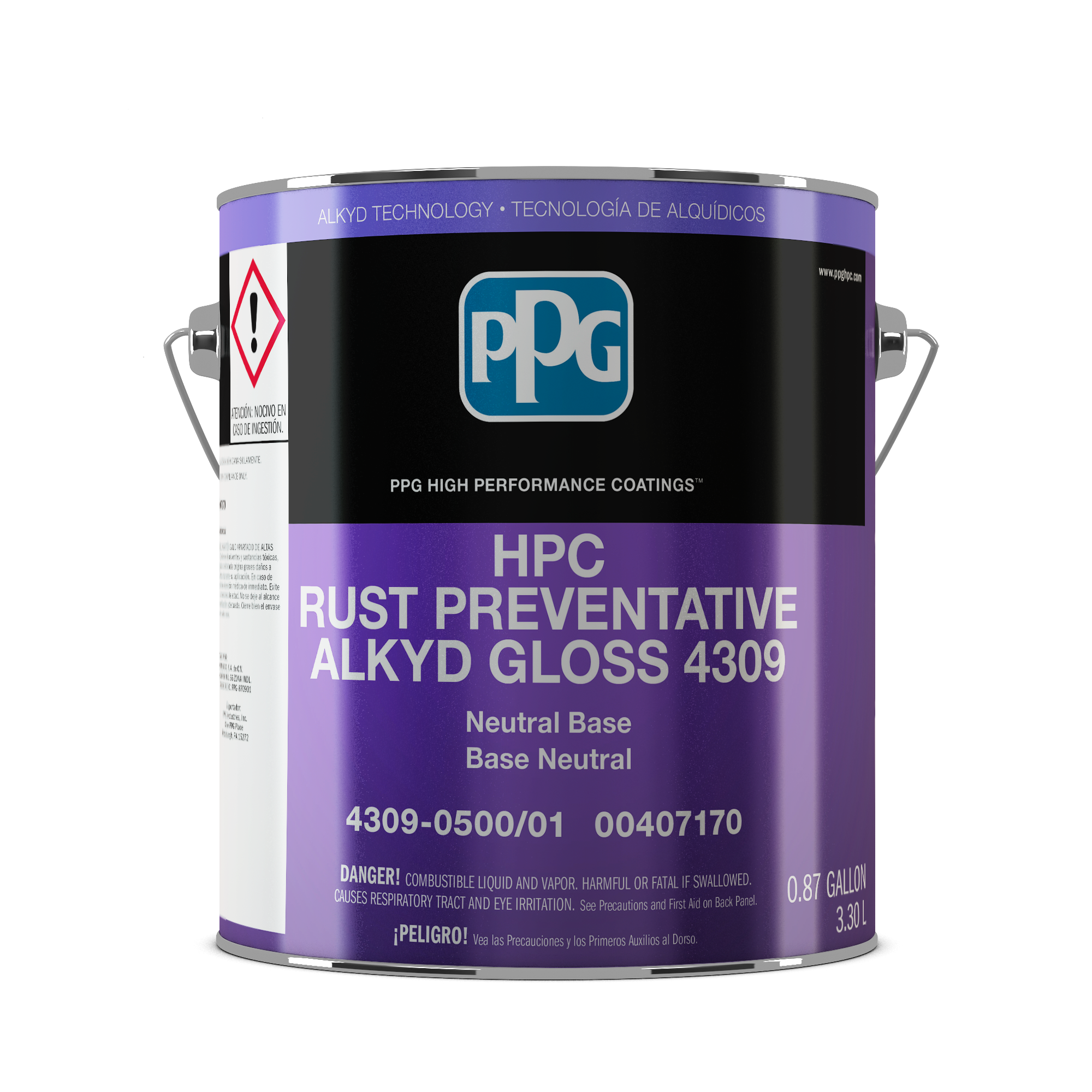Close-up of a purple and black paint can label with text indicating high-performance coating, chemical warnings, and product specifications. Devguard alkyd high gloss.